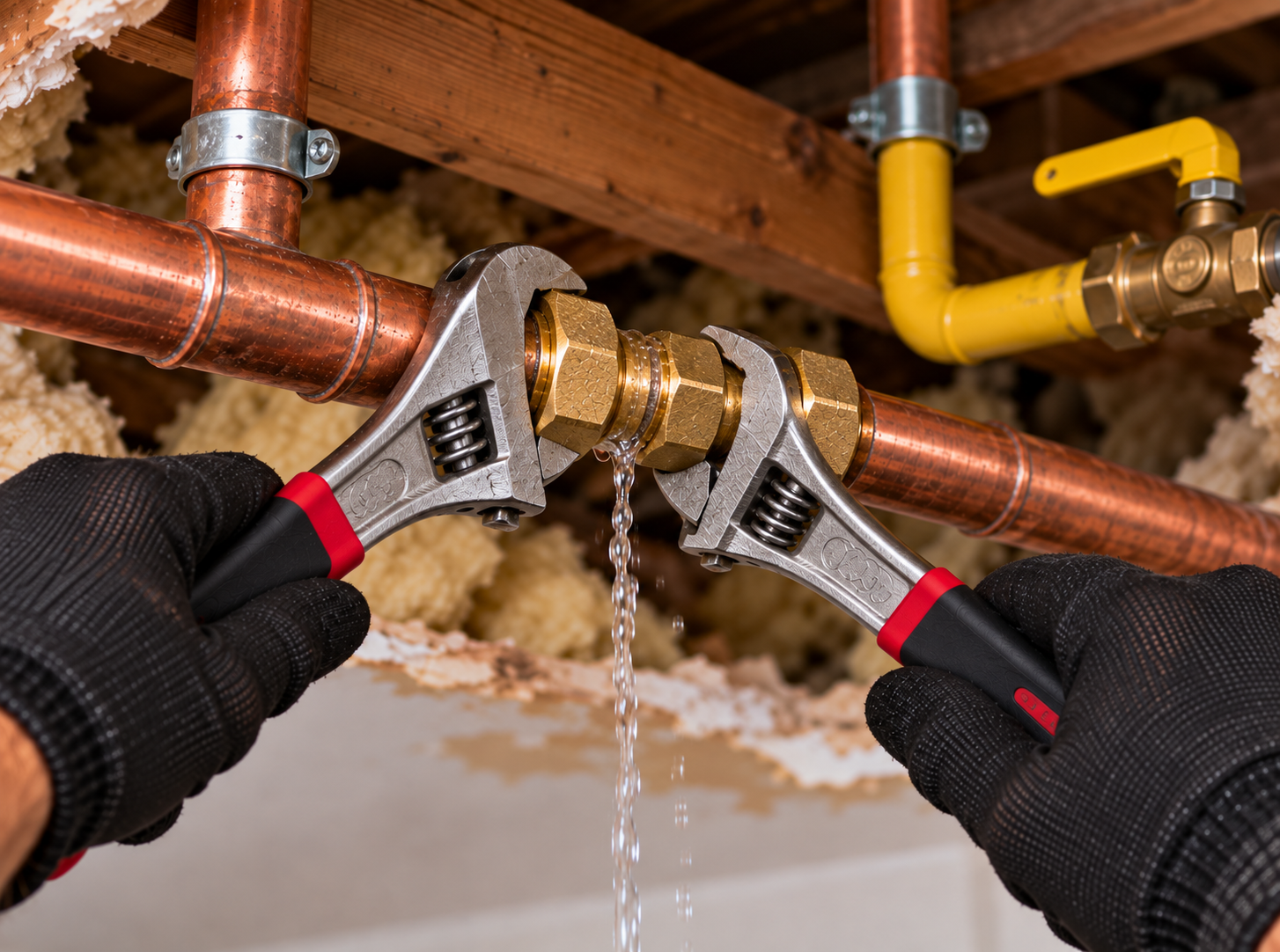 Emergency gas and water pipe repair following a ceiling leak in Roanhead